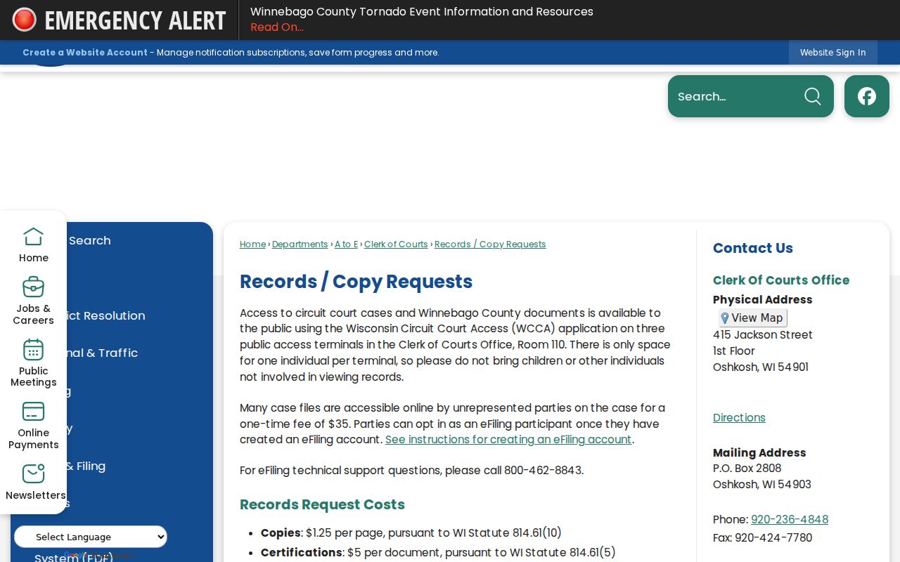 Neenah resident lookup court records copy request
