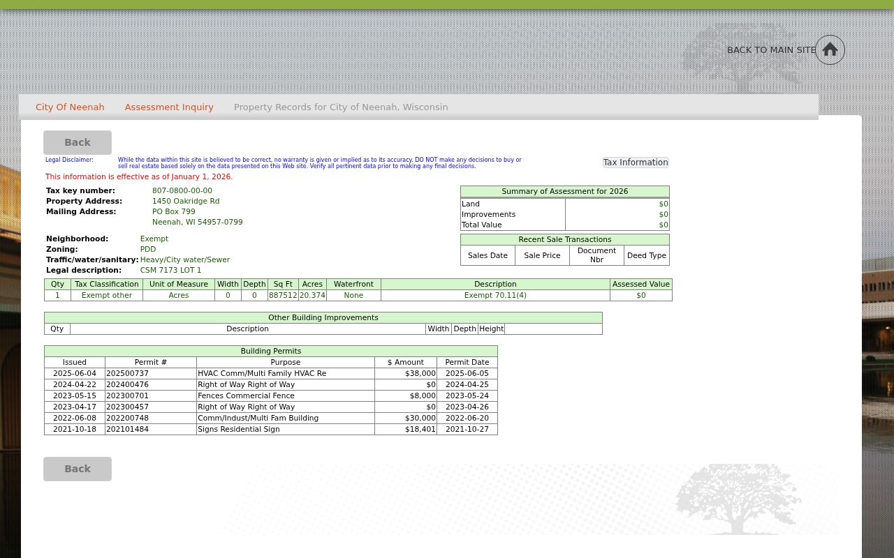 Neenah street directory municipal property record
